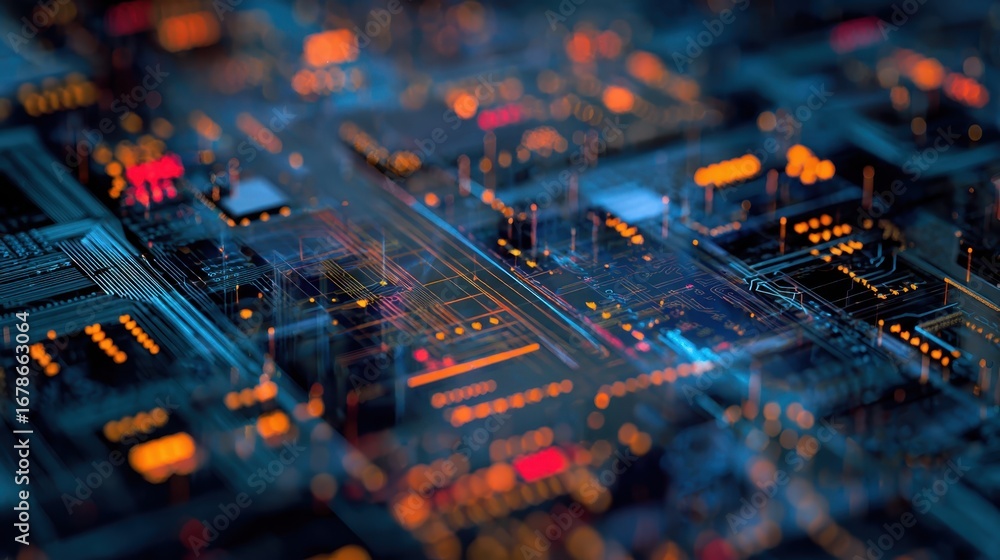 Poster intricate circuit board glowing with orange and blue lights, showcasing interconnected digital pathw