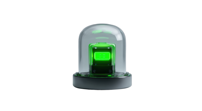A glowing green square in a glass dome