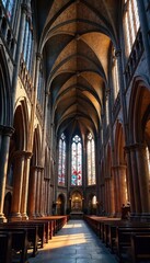 Fototapeta premium Awe-inspiring Gothic cathedral, intricate stonework, soaring arches, stained glass windows illuminate the sacred space Perfect for religious, historical, architectural projects , holy, god