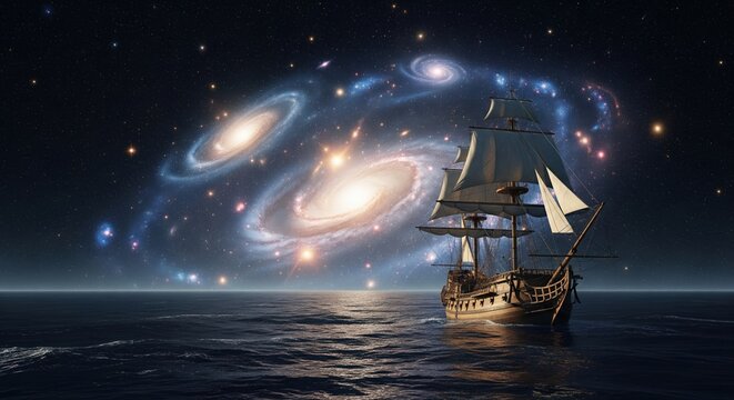 Generative AI Art Grand Sailing Ship on Cosmic Ocean Under Spiral Galaxies Digital Creation of Boundless Imagination