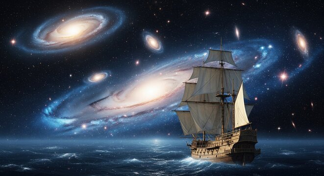 Generative AI Art Surreal Galactic Ocean Voyage with Ancient Sailing Ship Exploring Cosmic Wonders - Powered by Adobe
