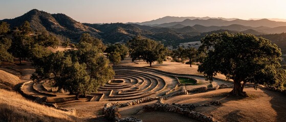 Sun-drenched maze on a hillside overlooking valley
