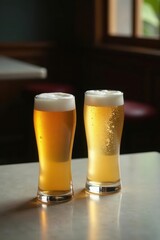 Two Glasses of Refreshing Golden Beer on a Tabletop in a Dimly Lit Setting