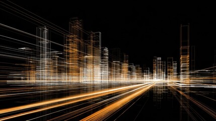 Luminous light trails cutting through wireframe digital cityscape, revealing high tech urban landscape pulsing with technological momentum during nocturnal hours