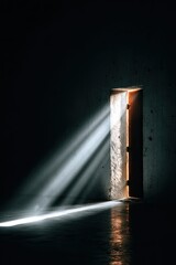 A doorway, bathed in light, opens into darkness