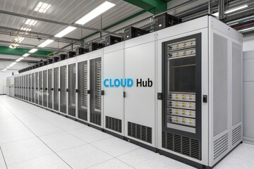 Naklejka premium Modern data center featuring rows of servers with a focus on technology and cloud computing
