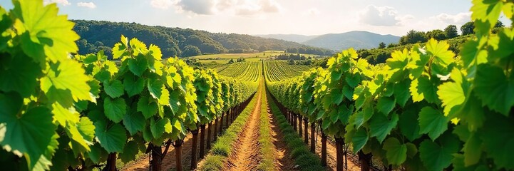 Fototapeta premium Rows of lush grapevines stretching across a sun-drenched hillside, ready for harvest The epitome of idyllic vineyard scenery, perfect for wine labels or related publications , rural, sun