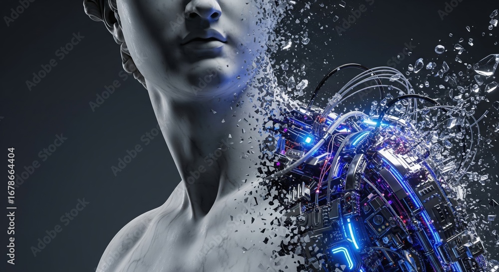 Poster generative ai art concept blending classical sculpture with futuristic digital technology and humano