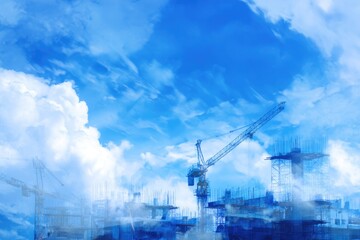 Construction site under a vibrant blue sky with cranes and cloudy backdrop