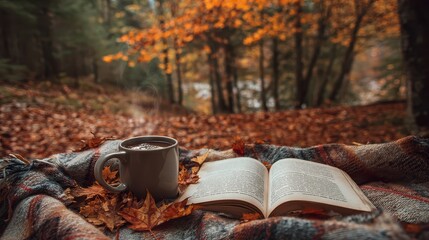 Steaming mug resting near open book on soft blanket, surrounded by fallen leaves in peaceful autumn woodland setting