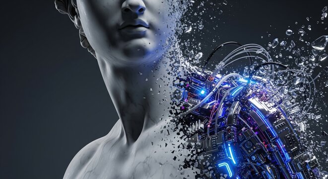 Generative AI Art Concept Blending Classical Sculpture with Futuristic Digital Technology and Humanoid Elements