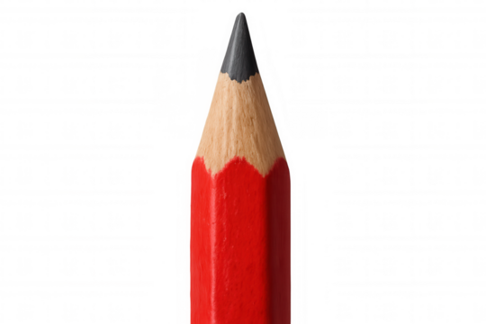 Sharp red pencil with graphite tip, positioned vertically on transparent surface, highlighting creative potential for sketching