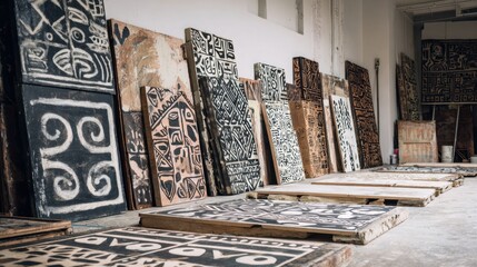 Traditional tribal art panels displayed in creative studio space,Black History Month