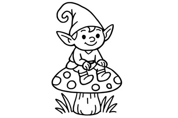 Fototapeta premium Coloring book for children, gnome elf sits on a mushroom.