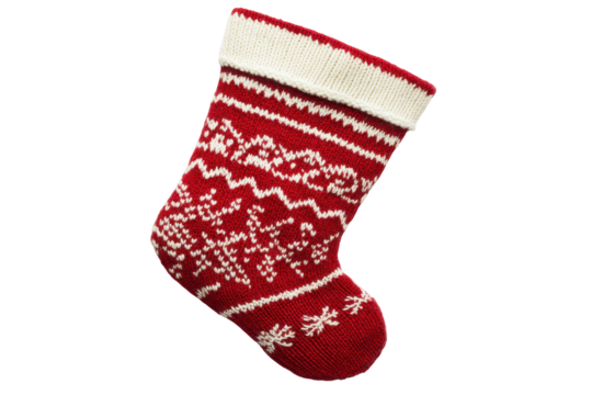 Red and white knitted christmas stocking with snowflake pattern isolated on transparent background. Traditional red and white christmas stocking with a fair isle pattern isolated on white background.