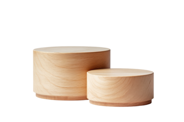 Rustic wooden cylinders sections isolated on transparent background. Wooden pedestal cylinders of different heights perfect for product display or decorative use isolated on white background.