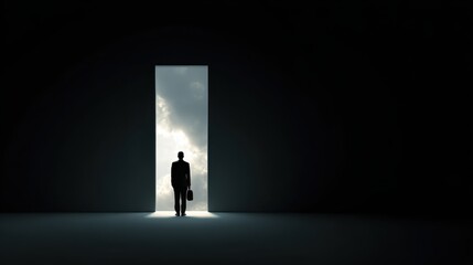 Silhouette of businessman holding briefcase walking towards open door in dark room to bright cloudy sky, concept of future, hope, new opportunities, success