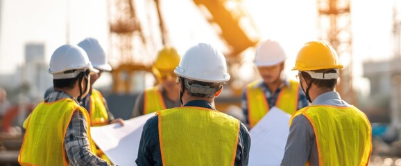 Obraz premium Construction workers in safety vests review blueprints outdoors