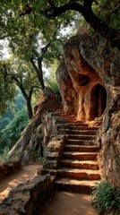 Sunlit stone steps lead to a cave entrance, shaded by trees