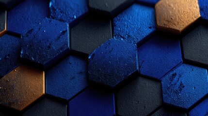 Abstract geometric pattern of interlocking hexagons in dark blue, copper, and black