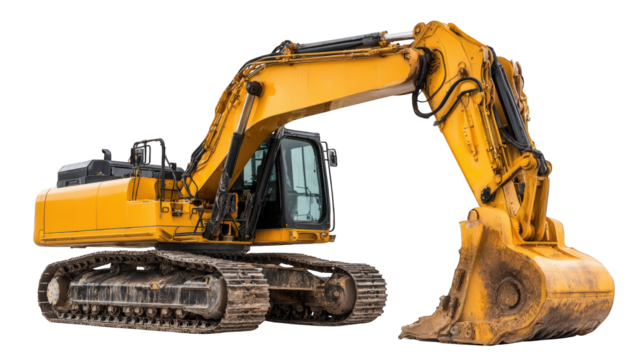 Yellow excavator in profile view