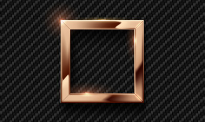 Vector golden metal square frame on carbon fiber material tech background. Copper or pink gold, shiny brass metallic rectangular frame. Luxury industrial wallpaper