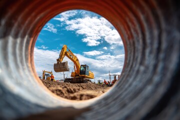 Excavator viewed through a large pipe, construction site