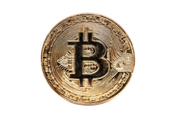 Close-up of a golden cryptocurrency coin