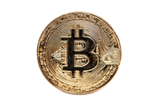 Close-up of a golden cryptocurrency coin