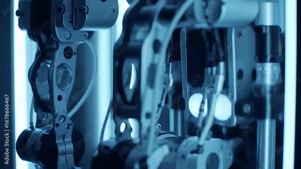 Poster detailed close up of cybernetic limb production featuring soft blue light and intricate engineering 