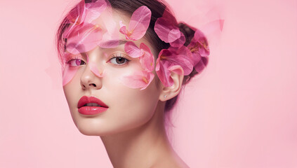 Obraz premium captivating portrait of a woman, enhanced with flower petals and elegant makeup, radiates beauty and charm.