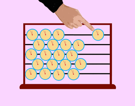 Hand pointing at abacus with clocks concept for time management