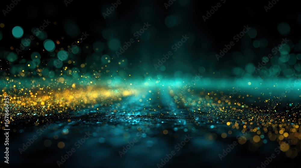 Poster abstract background featuring a mesmerizing blend of teal and gold glittering particles, creating a 