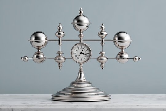 Ornate, silver-toned clock with celestial motif