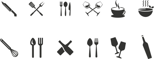 Obraz premium Comprehensive Kitchen Utensil Silhouette Vector Set Featuring Pots, Pans, Spoons, and Cooking Tools