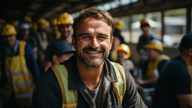 Smiling workers in construction site during daytime activity showing teamwork and dedication to their craft