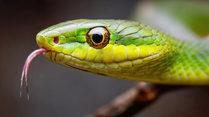 Fototapeta premium Vivid green snake curling on a branch with tongue flicking in the rainforest