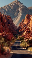 Red rock canyon road, mountain backdrop