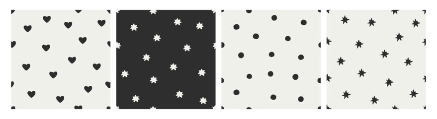 Polka dot, tiny hearts and stars, seamless patterns set. Endless black and white backgrounds, modern repeating prints for wrapping, wallpaper, textile textures. Printable flat vector illustrations © Good Studio
