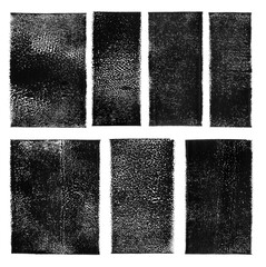 Linocut, relief printing rectangle grungy textures set. Black and white artistic linocutting text backgrounds boxes, uneven edge. Paint roller stains collection, textured lino ink remains