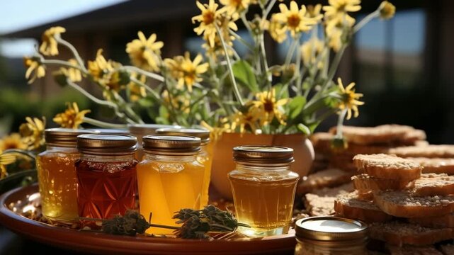 Colorful display of natural honey varieties and baked goods at a sunny outdoor gathering in a garden setting beneath bright flowers