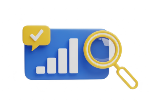 Magnifying glass examines growth chart with success check mark icon data analysis concept