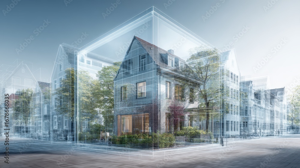 Poster futuristic architectural software projecting a 3d model of a sustainable house over an existing neig