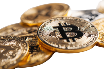 Close-up of golden bitcoin coins