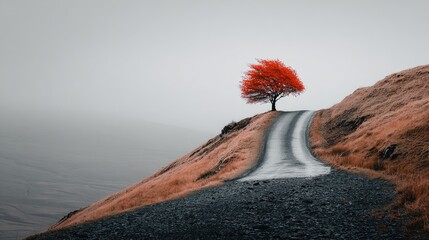 Lonely red tree on a winding mountain road