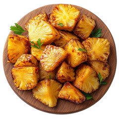 Grilled pineapple chunks on a wooden board garnished with parsley delicious tropical treat