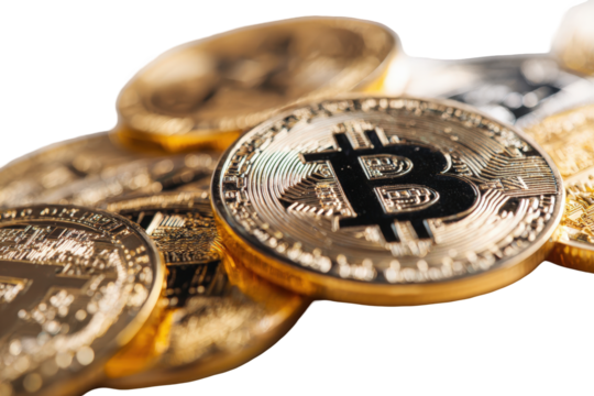 Close-up of golden bitcoin coins