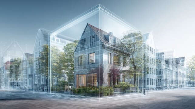 Futuristic architectural software projecting a 3d model of a sustainable house over an existing neighborhood, showcasing innovative design and eco friendly building practices