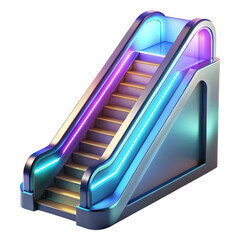 A futuristic escalator with neon lights isolated on transparent background, modern style