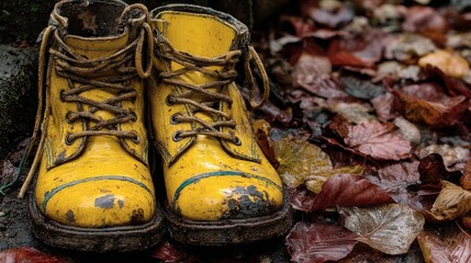 Mud-caked yellow boots on autumn leaves